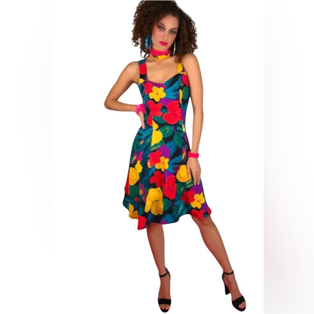Vtg 1980’s Positively Ellyn Union USA Cotton Floral Halter Cocktail Prom Dress